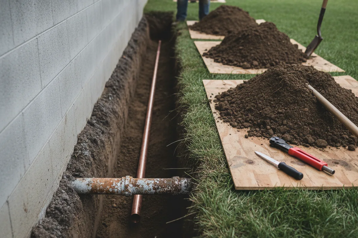 Excavated water line trench during Sewer Line Repair in Mosier